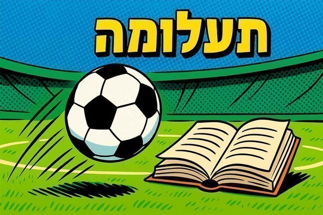 Картинка в стиле комикса: футбольное поле, мяч и раскрытая книга