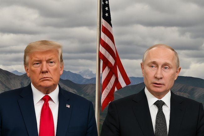 Портреты Дональда Трампа и Владимира Путина на фоне вида Аляски