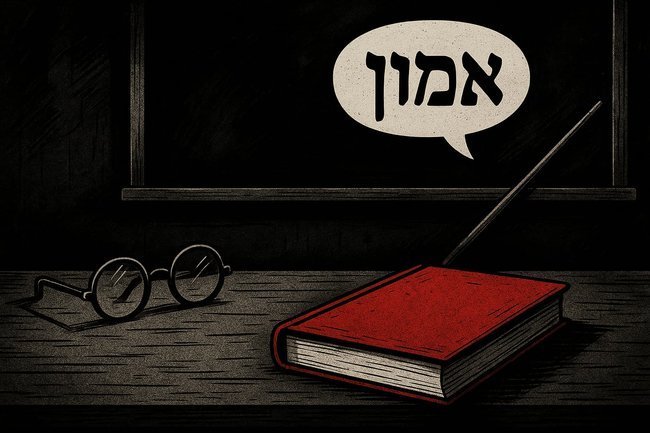 Стол, очки, указка, красная книга, надпись «доверие» на иврите в стиле нуарного комикса.