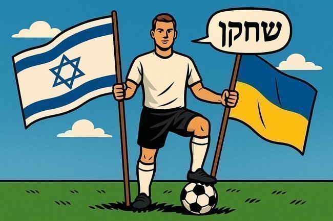 Иллюстрация в стиле комикса: футболист с флагами Израиля и Украины, надпись на иврите «שחקן»
