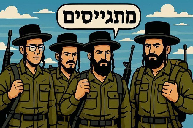 Иллюстрация в стиле комикса: четыре призывника в военной форме и хасидских шляпах, надпись на иврите «Призывники»