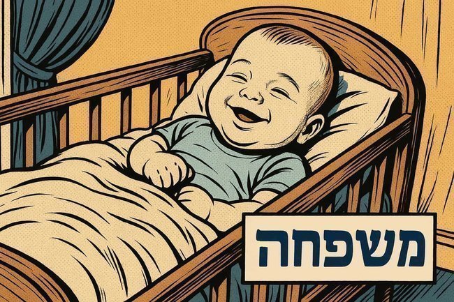 Иллюстрация в стиле комикса: улыбающийся младенец в люльке, надпись на иврите «Семья»