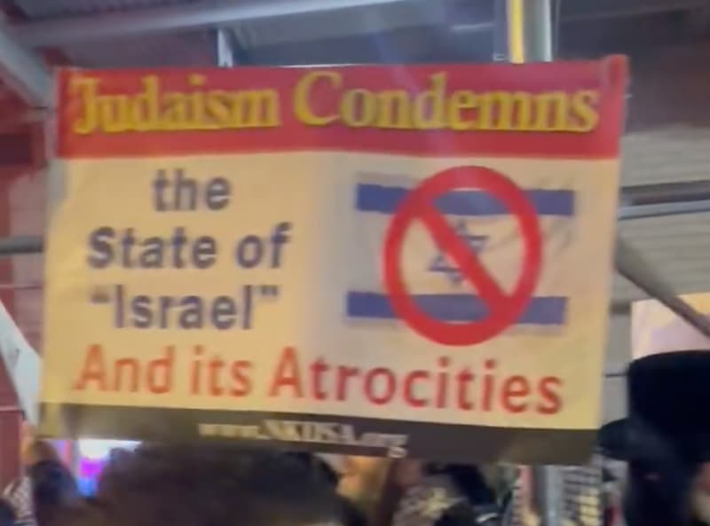 Плакат с перечеркнутым израильским флагом с протеста в Нью-Йорке