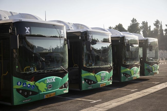 Электробусы компании «Эггед» на парковке.