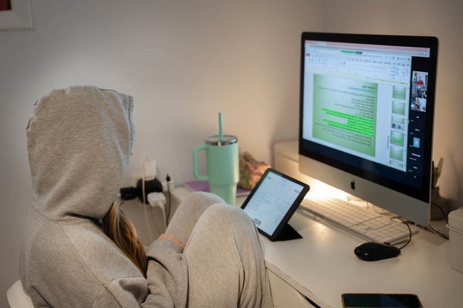 девочка перед компьютером учится онлайн