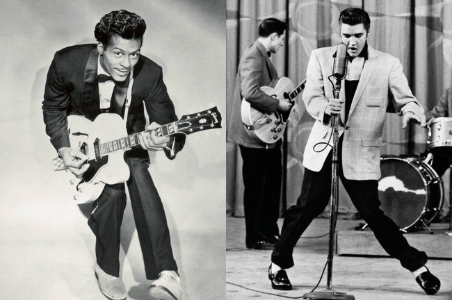 Чак Берри с гитарой и Элвис Пресли во время выступления