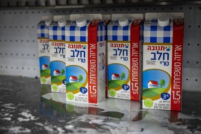 Пакеты молока на полках в израильском супермаркете