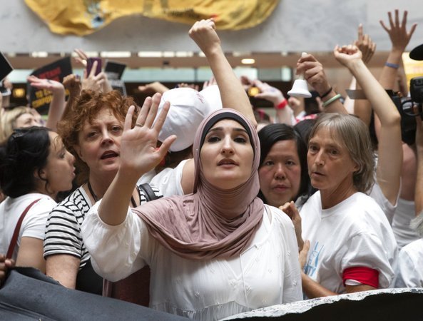 Сотни активистов, в том числе Линда Сарсур и актриса Сьюзан Сарандон, на митинге в Вашингтоне